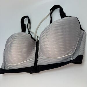 Victoria Sport Bra Zip Front Padded Mesh High Impact Workout Silver Black 36DD